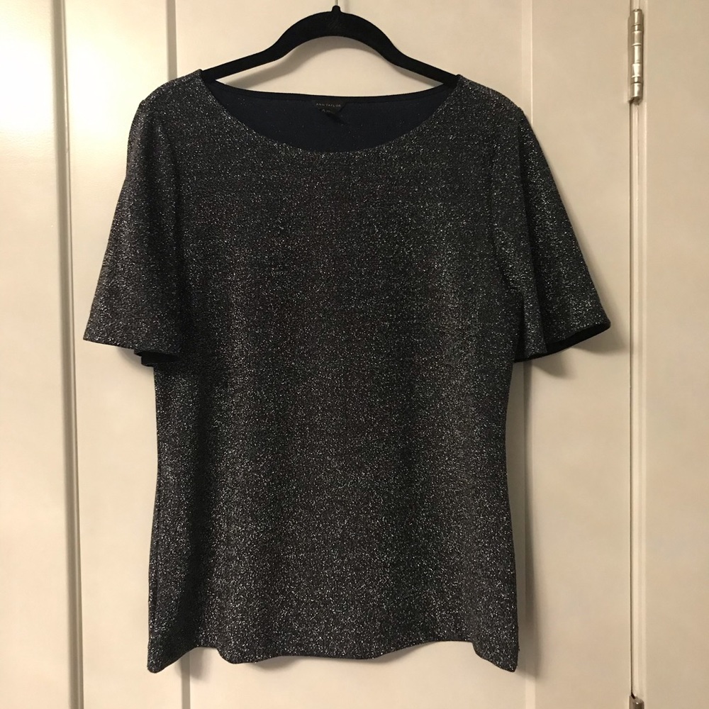 Ann Taylor navy flutter sleeve blouse